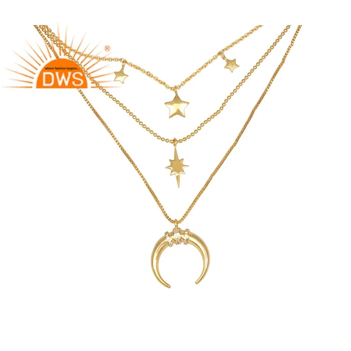 Weißer Zirkon Set Mond und Stern Charms Dreikettige Messing vergoldete Halskette Schmuck Großhändler