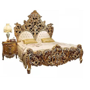 Cama Queen Size de Madera de Teca Vintage Moderna de Primera Calidad con Tallado Pesado y Acabado Dorado, Decoración de Hogar de Alta Calidad y Lujo - Product Image 1