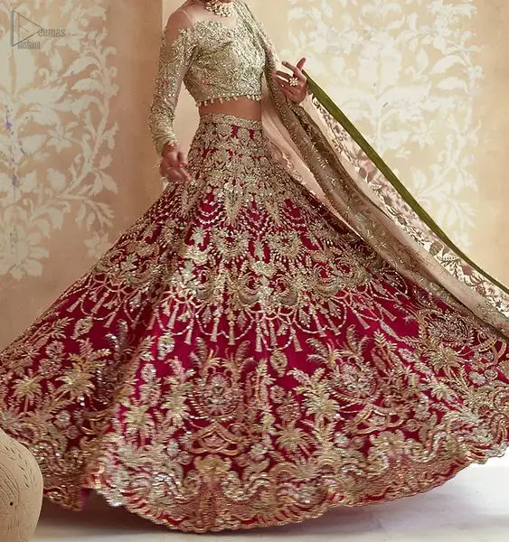 2024 indische / pakistanische Hochzeitskollektion schöne schwere Brautlehenga mit verzierten Zardozi-Arbeiten und eleganter Bluse