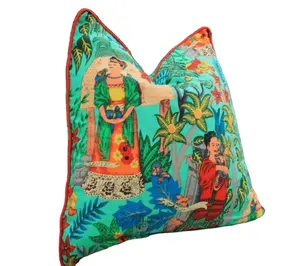 Kahlo figura impreso hecho a mano indio 100% nuevo tela de algodón Kantha cojín almohada cubierta