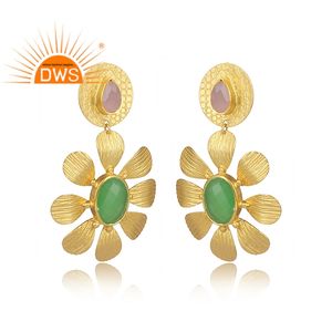 ต่างหูเพรนไนต์ คาลซิโดนี เครื่องประดับดีไซน์โดดเด่น ทำจากทองเหลืองขัดผิว ชุบทอง ต่างหูแบบห้อย คอลเลคชั่นคลาสสิก - Product Image 2