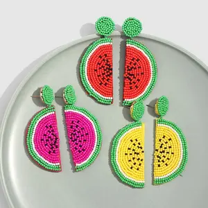 Boho Fruit Wassermelone nform Perlen Drop Dangle Ohrringe Handgemachte rote und gelbe Samen Perlen Frucht Dangle Drop Ohrringe