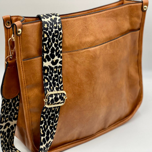 Vegan Leather Crossbody <b>Purse</b> with Leopard Guitar Strap | <b>Cute</b> Camel Brown Leather Bag with Changeable Strap Option | Faux Leath - Product Image 1