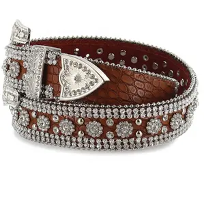 Western Brown Crocodile Bling Bling Flowers Belt