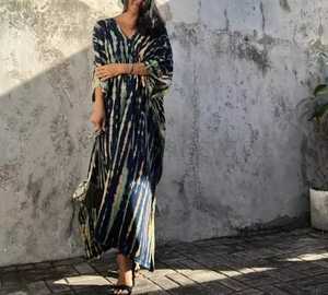 Robe longue blanche à manches mi-longues pour femmes, style Boho décontracté, teinture par nouage, caftan, nouvelle collection 2022 - Product Image 1