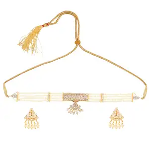 Индийский ювелирный набор из искусственного жемчуга, бисера, белый кристалл, традиционный свадебный чокер, ожерелье, серьги, индийский поставщик ювелирных изделий
