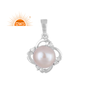 Bijoux pendentif plaqué rhodium blanc gros pendentif perle grise et pierre précieuse zircon blanc Collection Vintage - Product Image 1
