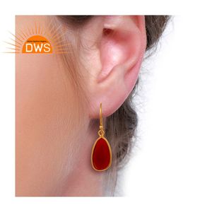 Boucles d'oreilles Onyx rouge naturel pour femmes, bijou pendant en pierre précieuse, plaqué or et argent, vente en gros, 18k - Product Image 4