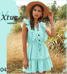 Vestidos de tela de rayón con cuello de pico profundo para mujer, ropa informal de manga corta para verano, 2022 - Product Image 4