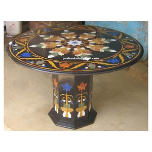 Indian Manufacture Black Marble Flower Design Inlay <b>Work</b> <b>Table</b> Top - Product Image 1