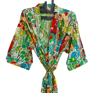 Indian Cotton Frida Kahlo Print Nightwear Bathrobe Maxi Dress Ethnic Beach Summer Kimono