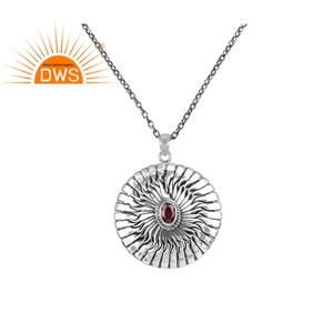 Colgante redondo de Gema granate Natural, proveedor de joyería de plata oxidada, cadena clásica, venta al por mayor - Product Image 1