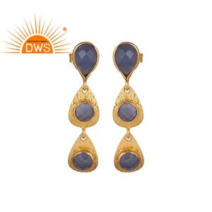 Long Drop Designer Earring <b>Fashion</b> <b>Jewelry</b> Wholesaler Blue Chalcedony Brass Gold Plated <b>Jewelry</b> Manufacturer - Product Image 1