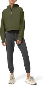 Sweat-shirt court à capuche pour femmes, pull-over molletonné, col, manches longues, avec trou de pouce, - Product Image 4