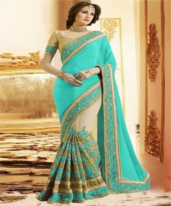 Sari indien pour femmes, couleur orange, avec pièce de blouse, travail de perles, vêtement de fête, design de fleurs en soie brodée, vêtement de créateur - Product Image 5