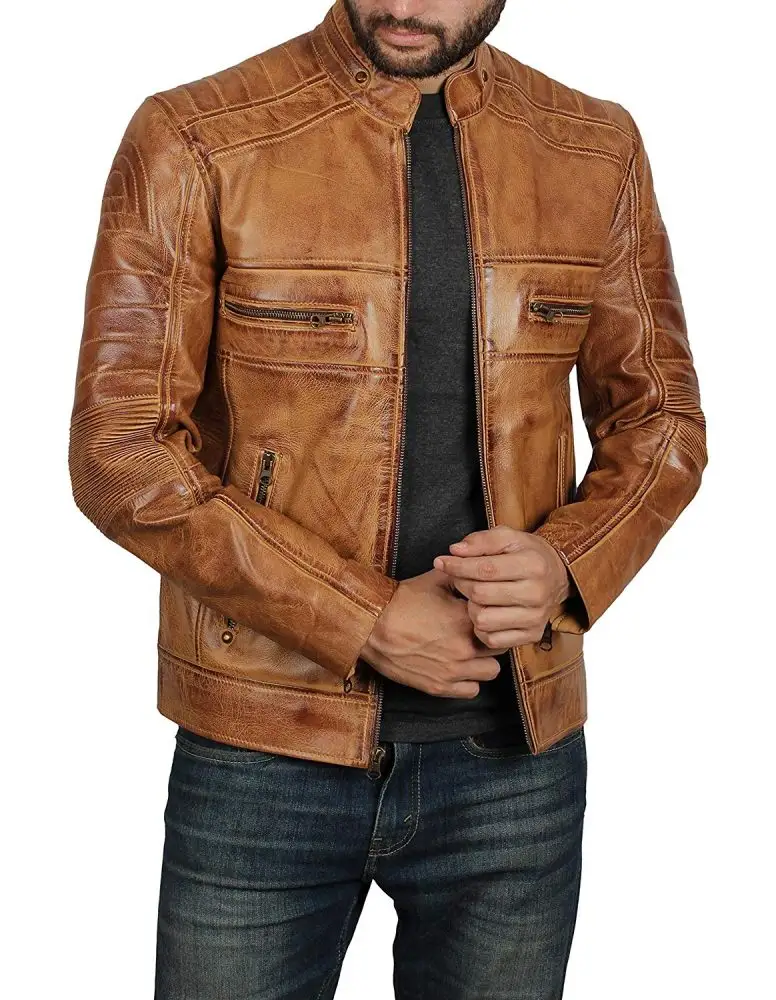 Winter Design Men Tan Brown Wax Biker Leather Jacket