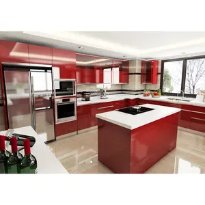AisDecor ตู้ครัวเคลือบเงาสีแดง,ดีไซน์เรียบง่ายสไตล์ Mutfak Dolab Modelleri Renkli