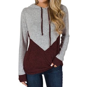 Women Color Block Long Sleeve Drawstring Hooded Top - Product Image 1
