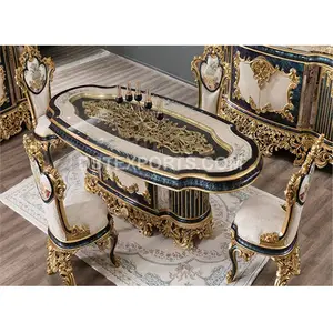 Luxury Home Baroque Dining Table Set Modern Gold Polish Dining Table & Chairs Wholesale Gold Royal King Dining Room Set