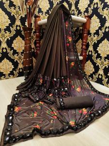 New Latest Heavy Designer Party Wear Saree Beautiful Red Color Net <b>Fabric</b> Sari with Joint Unstitched Blouse by Ethnic Clothing Garment - Product Image 5