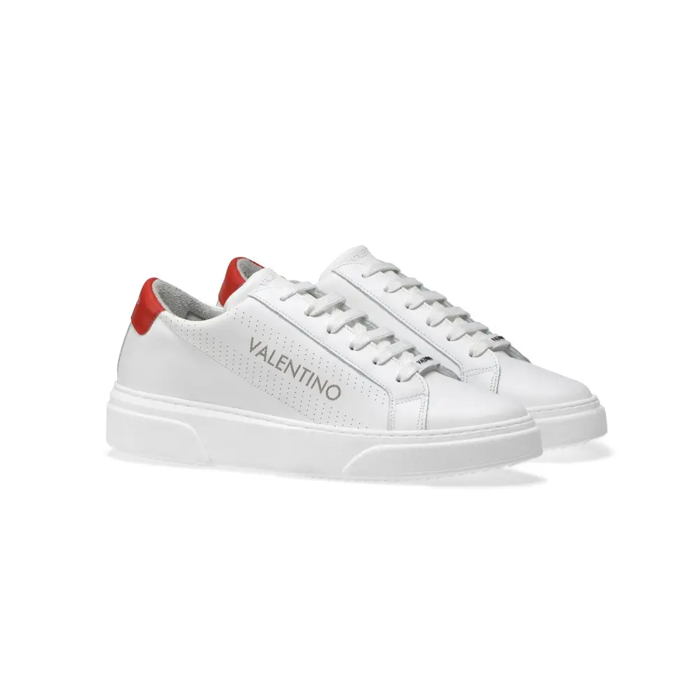Original Valentino Shoes - Made in Italy - Style Lace Up Men Sneaker in White Hide and Red Valentino Insert