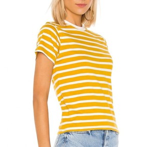 T-shirt manches courtes ras du cou pour femme, rayé, jaune et blanc, Jersey personnalisé, vente en gros, - Product Image 2