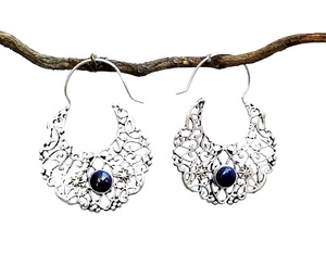 Vintage Bohemian Style Silver Plated <b>Hoop</b> <b>Earrings</b> Women's <b>Fashion</b> Jewelry with Natural Gemstone Studs Made From Brass - Product Image 3