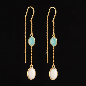 Brass 24k gold plated needle thread <b>earring</b> lovely faceted cut aqua chalcedony & white agate drop <b>dangle</b> <b>earrings</b> gift for woman - Product Image 3