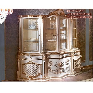 Armoire de salle à manger en teck massif de style européen, armoire à vin de luxe sculptée à la main, couleur personnalisée, moderne, sur mesure - Product Image 1