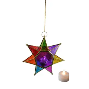 Lanterna decorativa com estrelas, design de ferro com vidro colorido pendurado vela lanternas decoração de casa