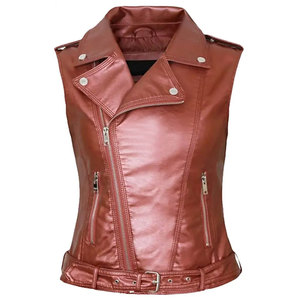 Chaleco de cuero rojo 100% para mujer, estilo de cremallera frontal, decoración de piel de talla grande para uso exterior, disponible en venta al por mayor - Product Image 6