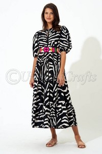 เดรสแม็กซี่ยาวสไตล์วินเทจสำหรับผู้หญิงคอกลมพร้อมเข็มขัดคาดเอวเดรสยาวคอกลมพิมพ์ลายบล็อกด้วยมือดีไซน์ล่าสุด - Product Image 3