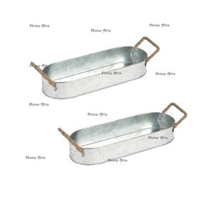 Juego de 2 bandejas galvanizadas para servir alimentos con asas de cuerda Bandeja para servir alimentos de forma ovalada de la mejor calidad en la India - Product Image 1