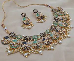 Mint work Statement Necklace with Reverse Kundan and moti