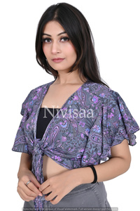 Tissu en Viscose de soie imprimé, haut court noué sur le devant, style Boho, vêtements de plage d'été, haut court pour femmes, au prix de gros - Product Image 6