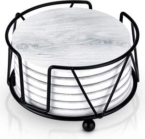 KSN Luxury Eco-Friendly <b>Marble</b> <b>Coasters</b> Set 6 Gray Drinks Mats with Iron Stand Kitchenware Stone Aluminium Finish Tablemat & Pad - Product Image 1