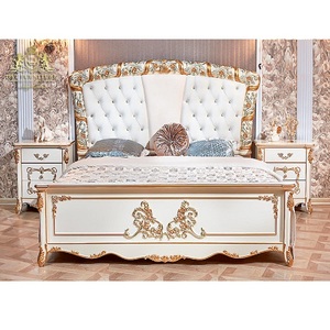 Lit Double en bois de teck blanc et or, Design moderne, conception de luxe, lit en teck, massif avec supports de nuit, fabrication de lit en bois - Product Image 1