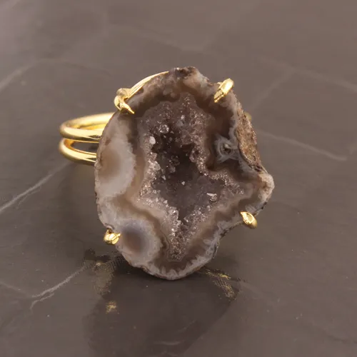 Geode Druzy แหวนอัญมณีธรรมชาติสีน้ำตาล,แหวนทองเหลืองชุบทอง24K แหวนตั้งค่าทำมือปรับได้