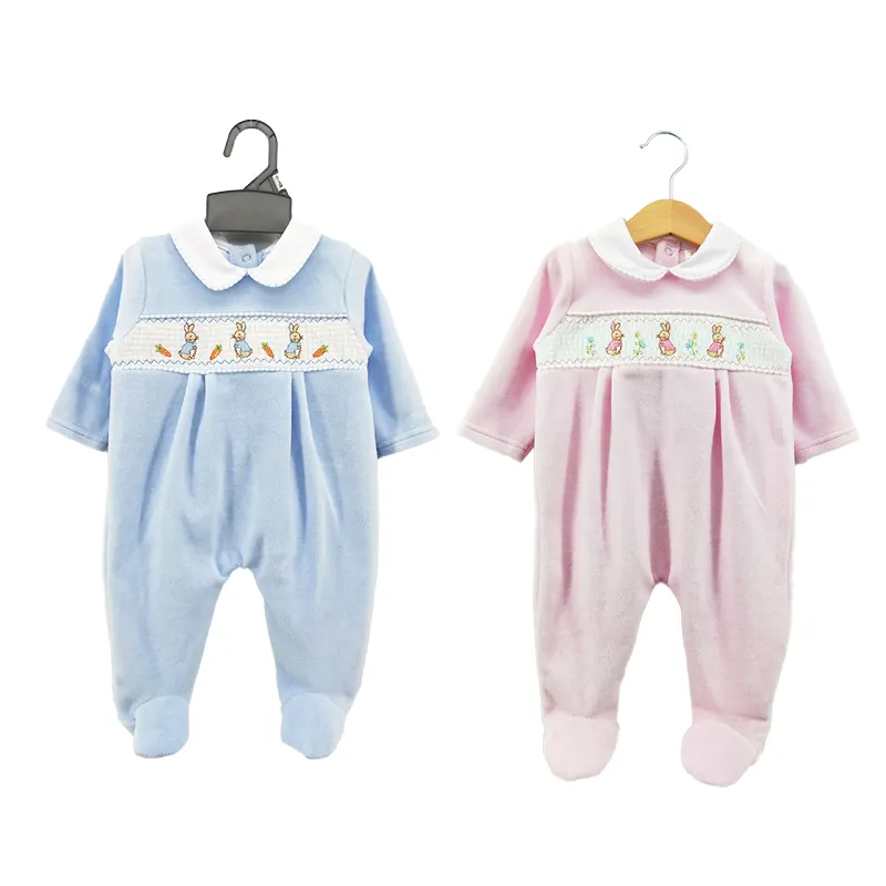 2022 Factory hot sell cute embroidery velour warm baby all season smocking romper for 0-6M baby