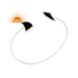 Black Onyx Gemstone Cuff Bangle Two Horn Design Sterling Silver Ladies Fashion Cuff Bangle Jewelry Supplier