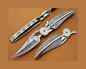 Складной нож ручной работы из полностью дамасской стали в виде листа с латунной комбинацией и тонкой кожаной оболочкой