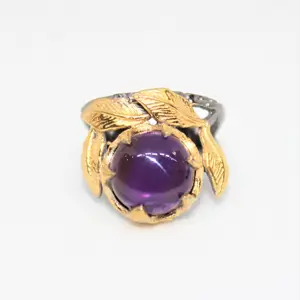 新款双色叶状紫水晶圆形凸圆形宝石镀金925纯银戒指批发厂家价格