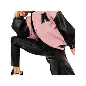 Chaqueta con mangas de cuero bordadas para mujer, chaqueta de béisbol de alta calidad informal - Product Image 3