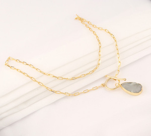 Trendy 24K Gold/Silver Plated Aquamarine Pendant Necklace <b>Toggle</b> Clasp March Birthstone Featuring Diamond Pearl Stylish Necklace - Product Image 3