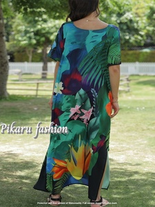 Caftán de talla grande de Dubái de alta calidad para mujer, elegante bohemio, estampado Floral, escote en V, manga corta, tejido hasta el suelo, Natural - Product Image 5