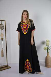 Vente chaude femmes coupe ample Satin caftan broderie florale col en v fermeture éclair gland décorations genou longueur lavable naturel - Product Image 3