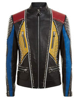 Blouson Bomber en Cuir Véritable Style Personnalisé avec Chaînes à Clous, Rivets, Multiples Poches Zippées, Imperméable et Coupe-Vent