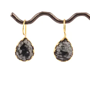 High quality checker cut natural black snowflake obsidian claw earring brass gold plated earring pear shape drop dangle earrings