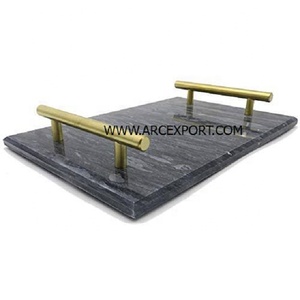 Fabulous Design Large Size Food Serving Tray Made From Black Marble Tray With Silver Floral Designer Handle for Best Sale - Product Image 5