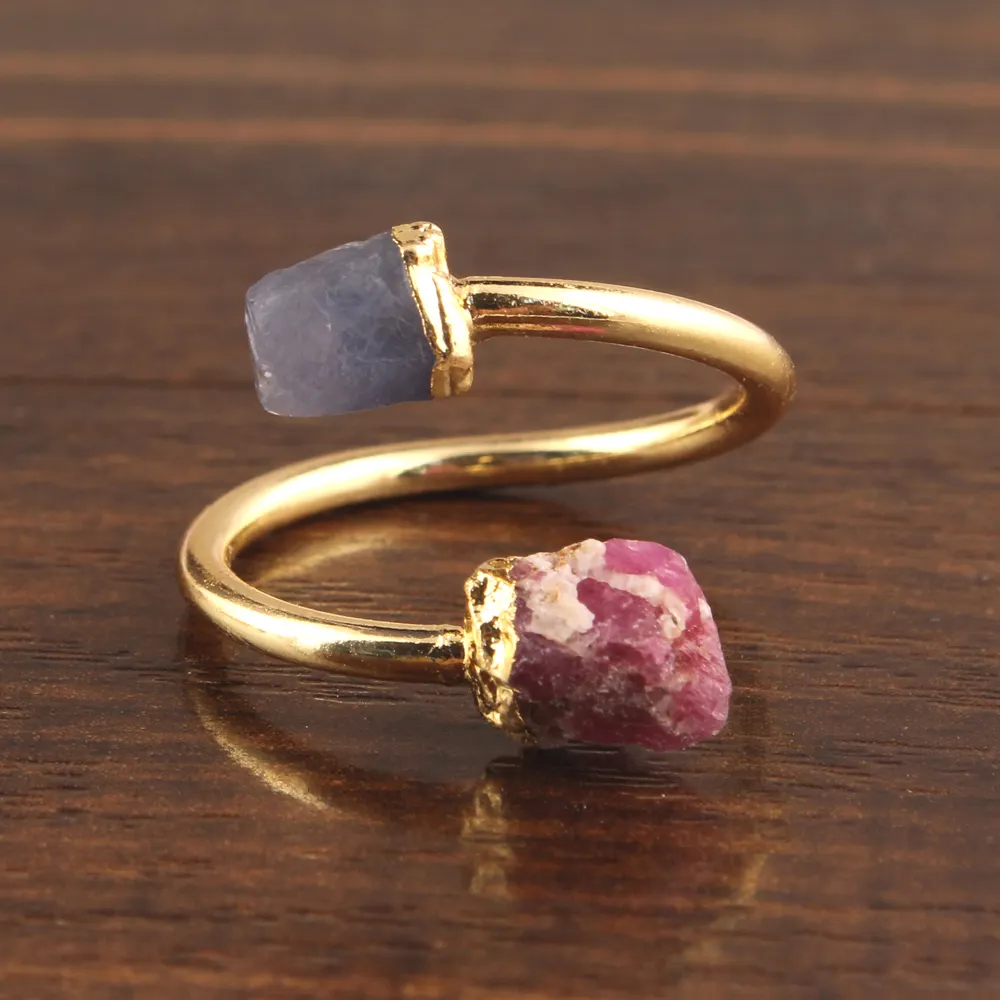 Raw beautiful rough blue sapphire & pink tourmaline brass gold plated double stone adjustable fashionable ring jewelry gift